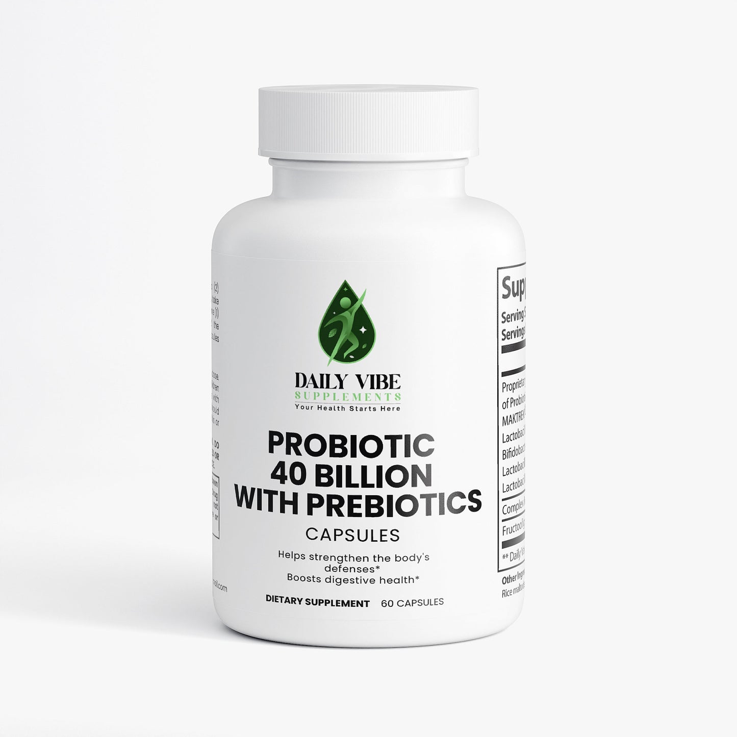 White supplement bottle labeled 'Daily Vibe' with probiotic and prebiotic claims on a white background