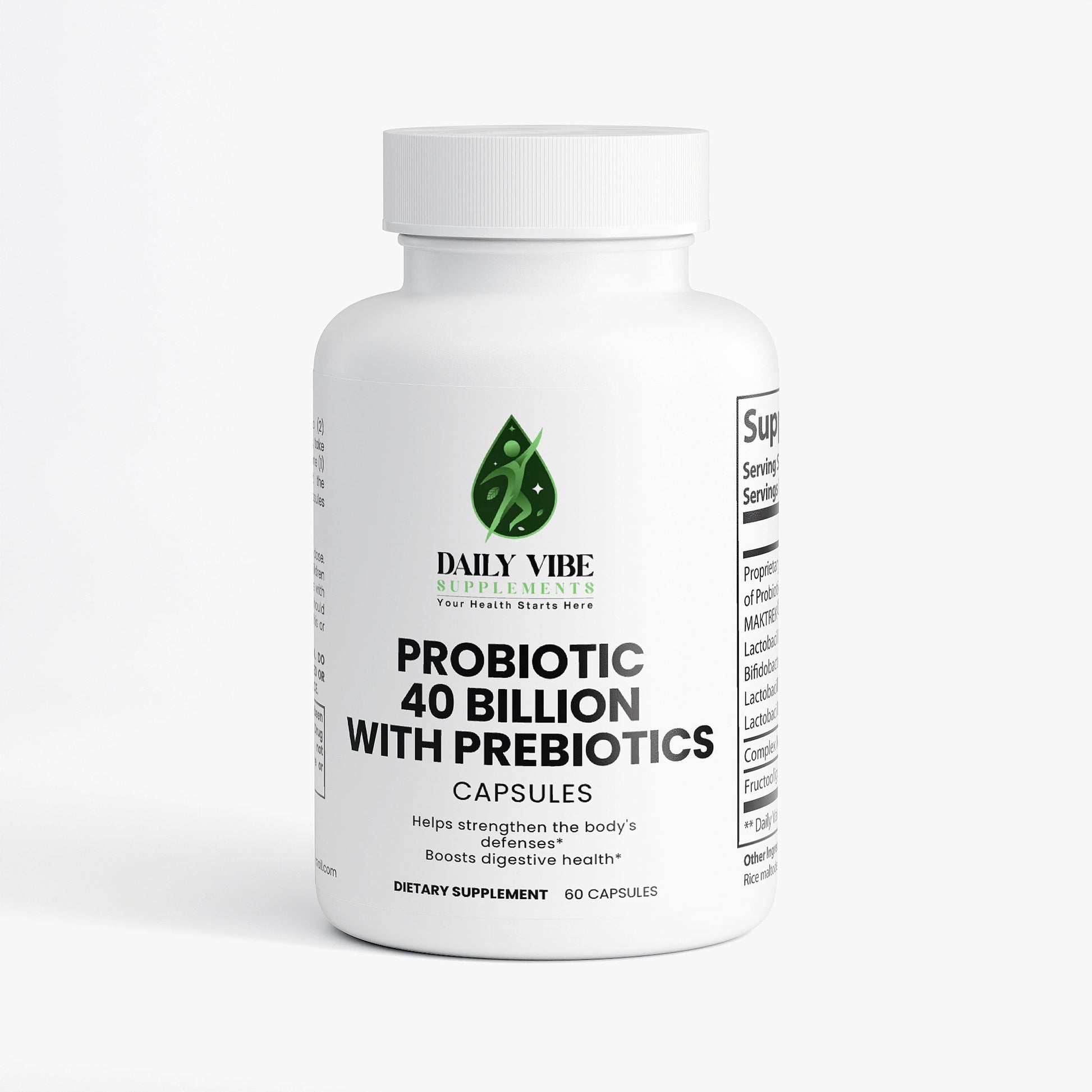 White supplement bottle labeled 'Daily Vibe' with probiotic and prebiotic claims on a white background