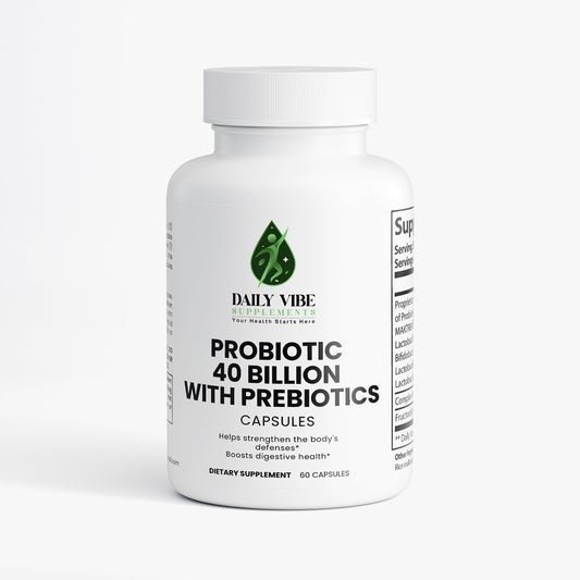 White supplement bottle labeled 'Daily Vibe' with probiotic and prebiotic claims on a white background