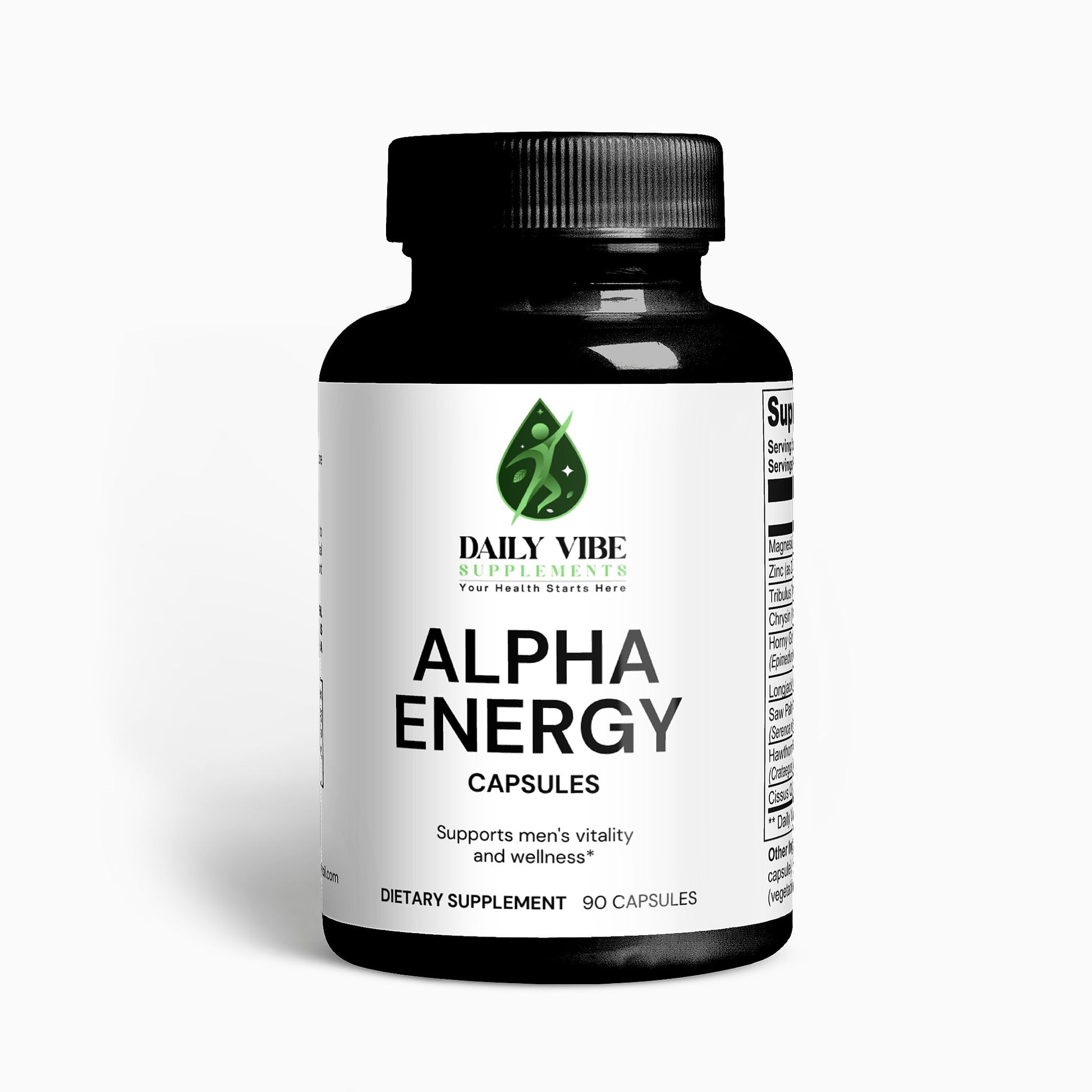 Supplement bottle labeled 'Alpha Energy' by Daily Vibe on a white background