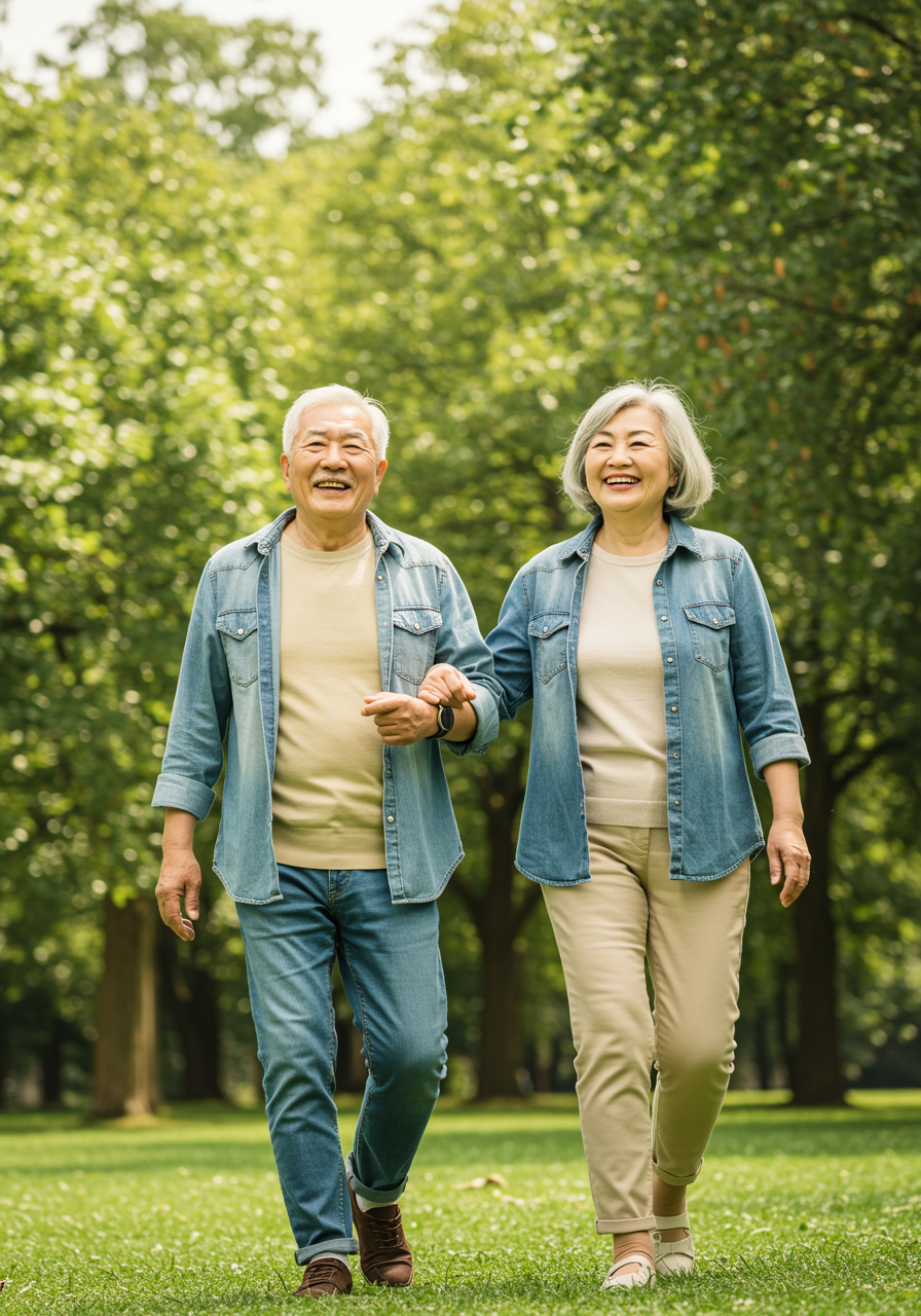 Two elderly people walking hand in hand through a park with green trees in the background.