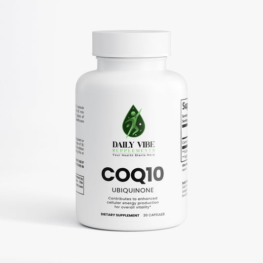 Supplement bottle labeled 'Daily Vibe Supplements COQ10 Ubiquinone' on a white background