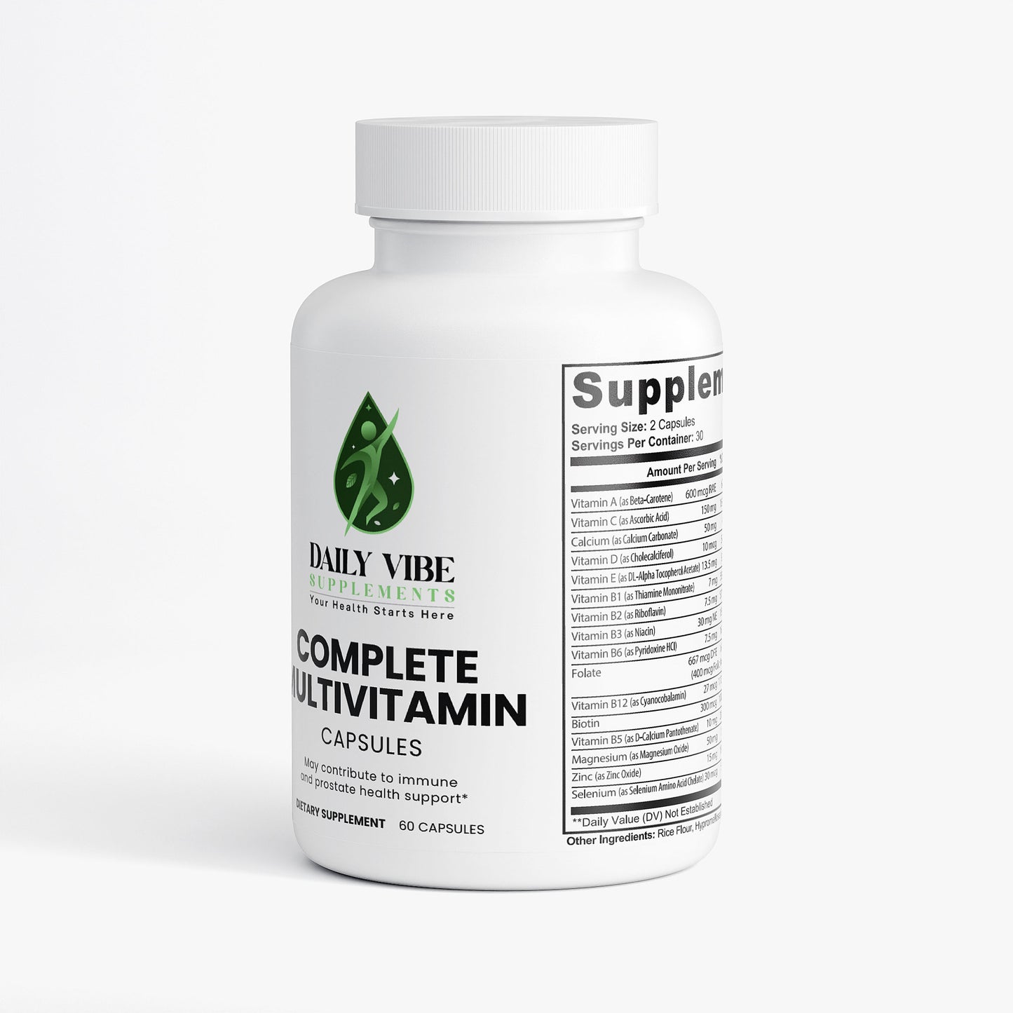 White bottle of Daily Vibe Complete Multivitamin on a white background