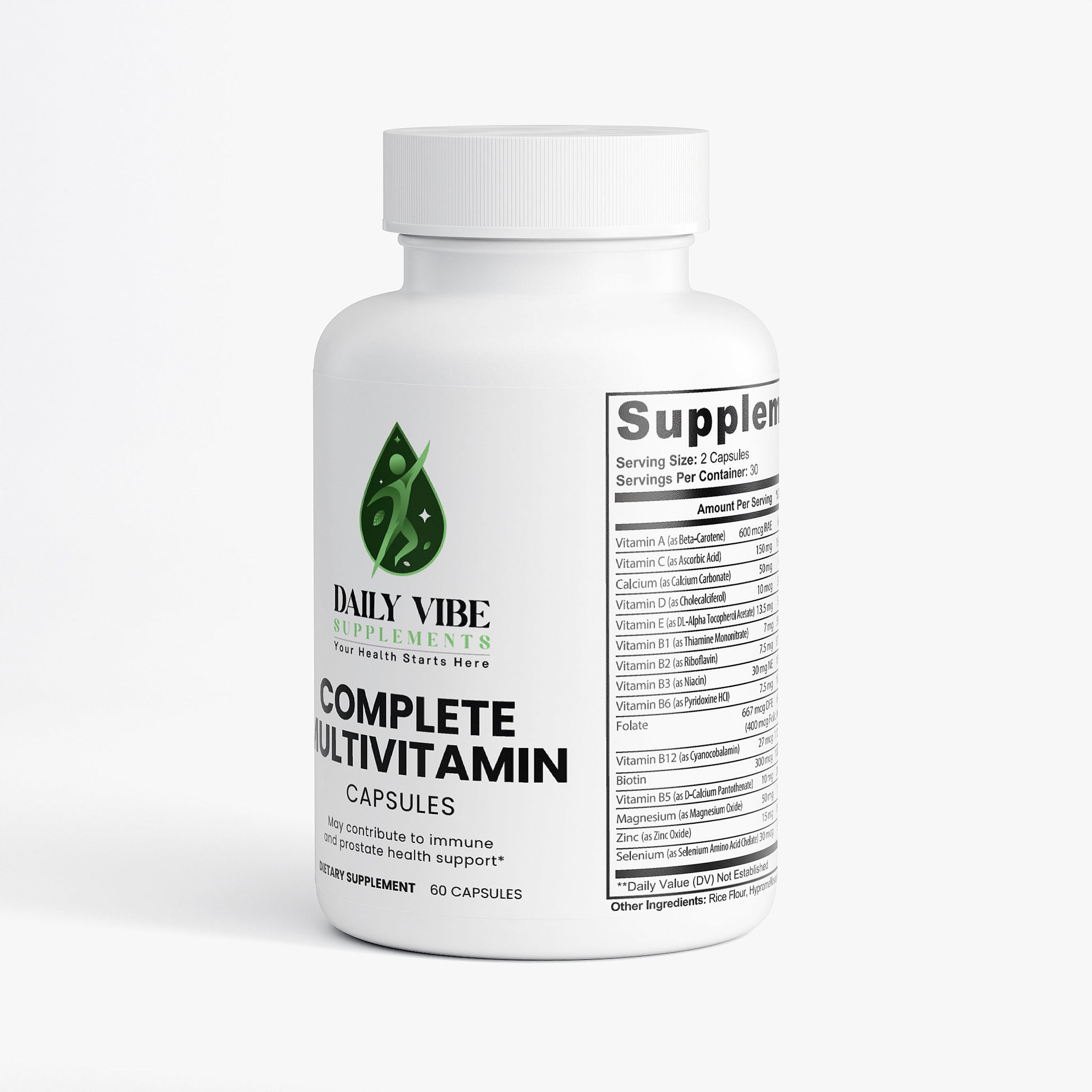 White bottle of Daily Vibe Complete Multivitamin on a white background