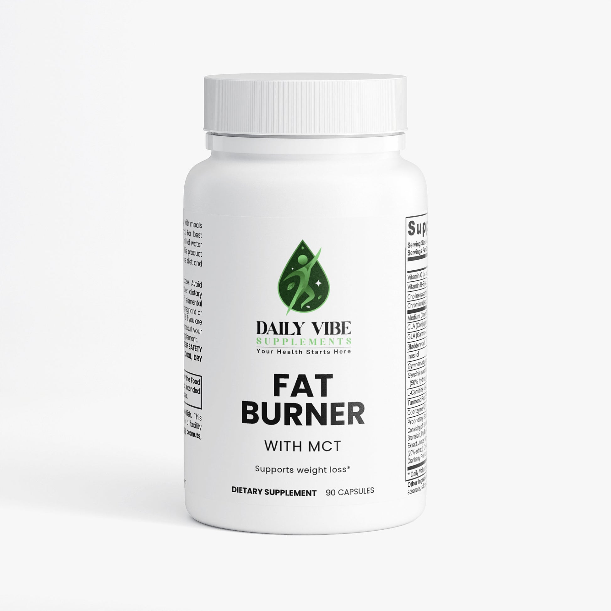 White supplement bottle labeled 'Fat Burner with MCT' by Daily Vibe on a white background