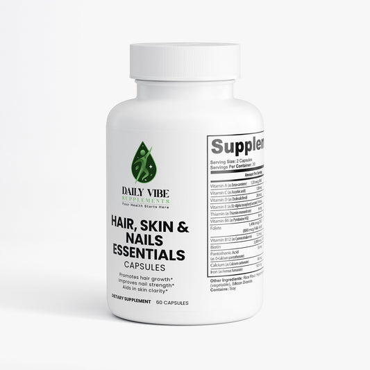 Supplement bottle labeled 'Hair, Skin & Nails Essentials' on a white background