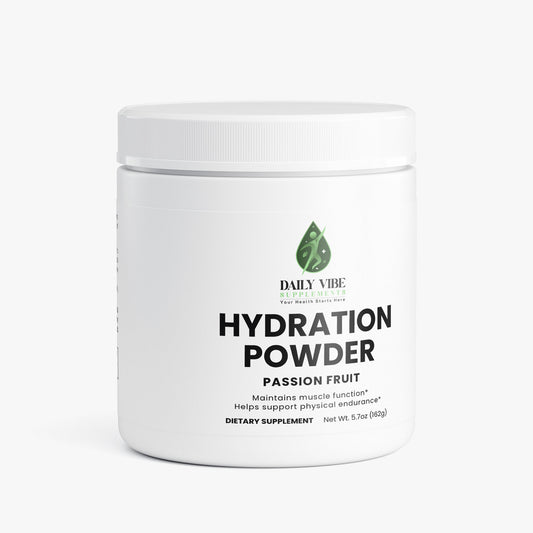 White container of Daily Vibe Hydration Powder on a white background