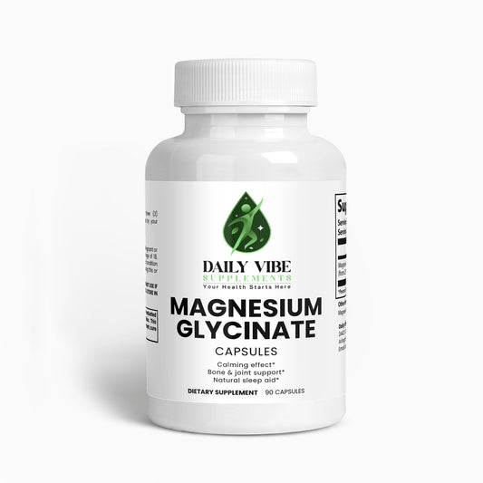 Supplement bottle labeled 'Magnesium Glycinate' by Daily Vibe on a white background