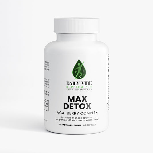 White supplement bottle labeled 'Max Detox' by Daily Vibe on a white background