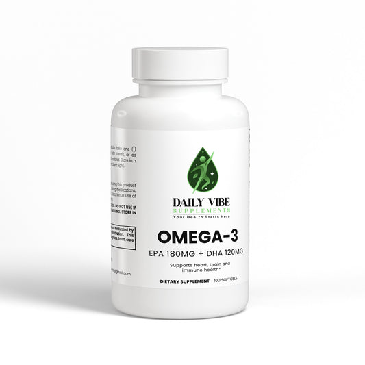 White supplement bottle labeled 'Omega-3' with 'Daily Vibe' branding on a white background