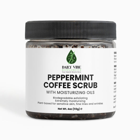 Jar of peppermint coffee scrub with a black lid on a white background