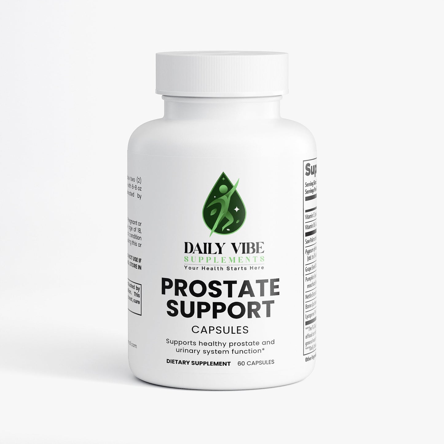 Supplement bottle labeled 'Prostate Support' by 'Daily Vibe' on a white background