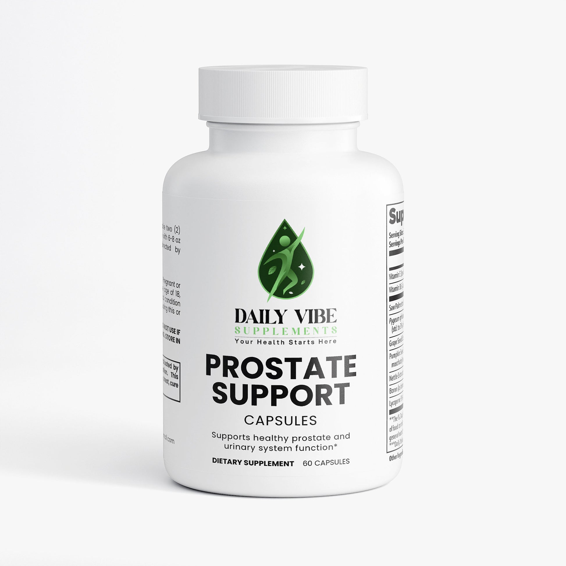 Supplement bottle labeled 'Prostate Support' by 'Daily Vibe' on a white background
