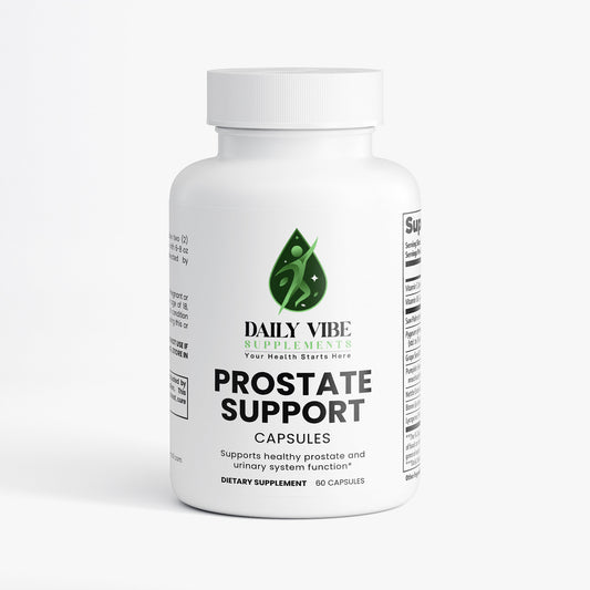 Supplement bottle labeled 'Prostate Support' by 'Daily Vibe' on a white background