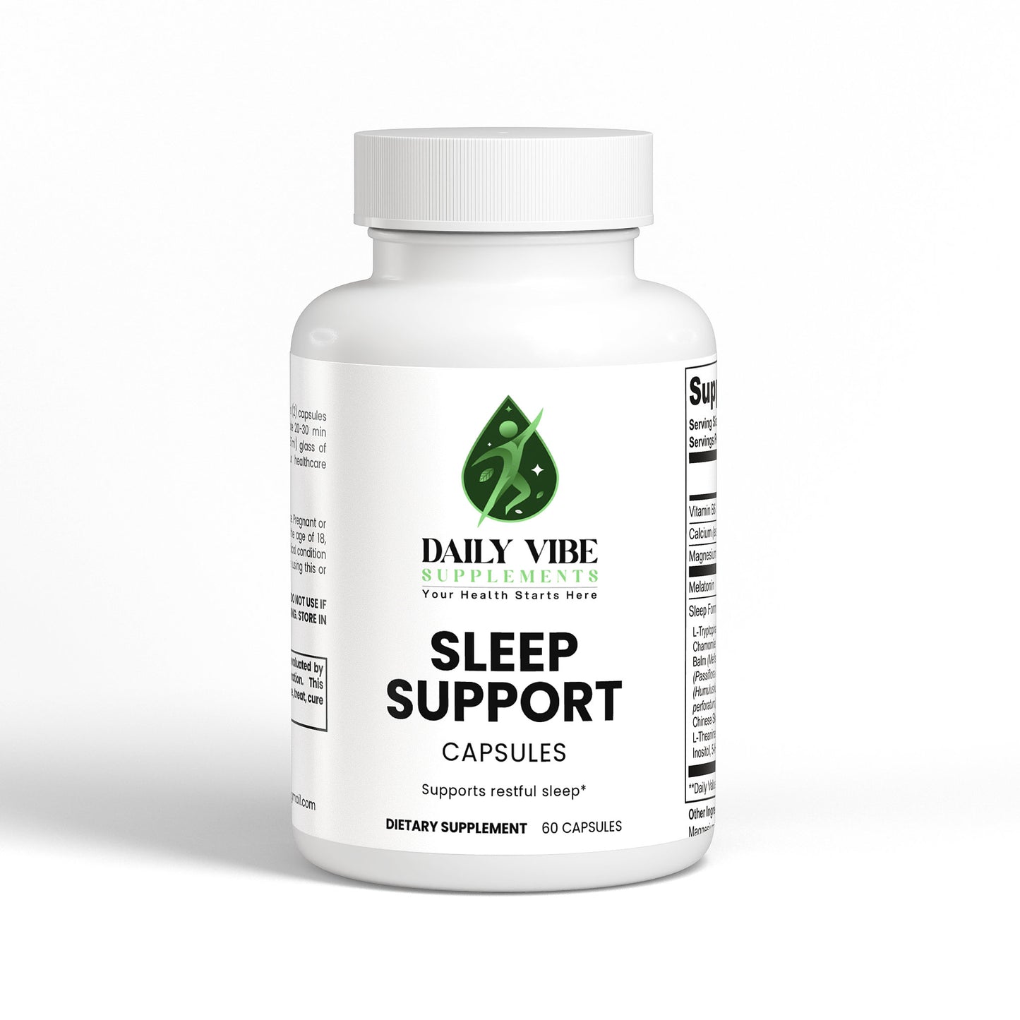 White bottle of Daily Vibe Sleep Support capsules on a white background