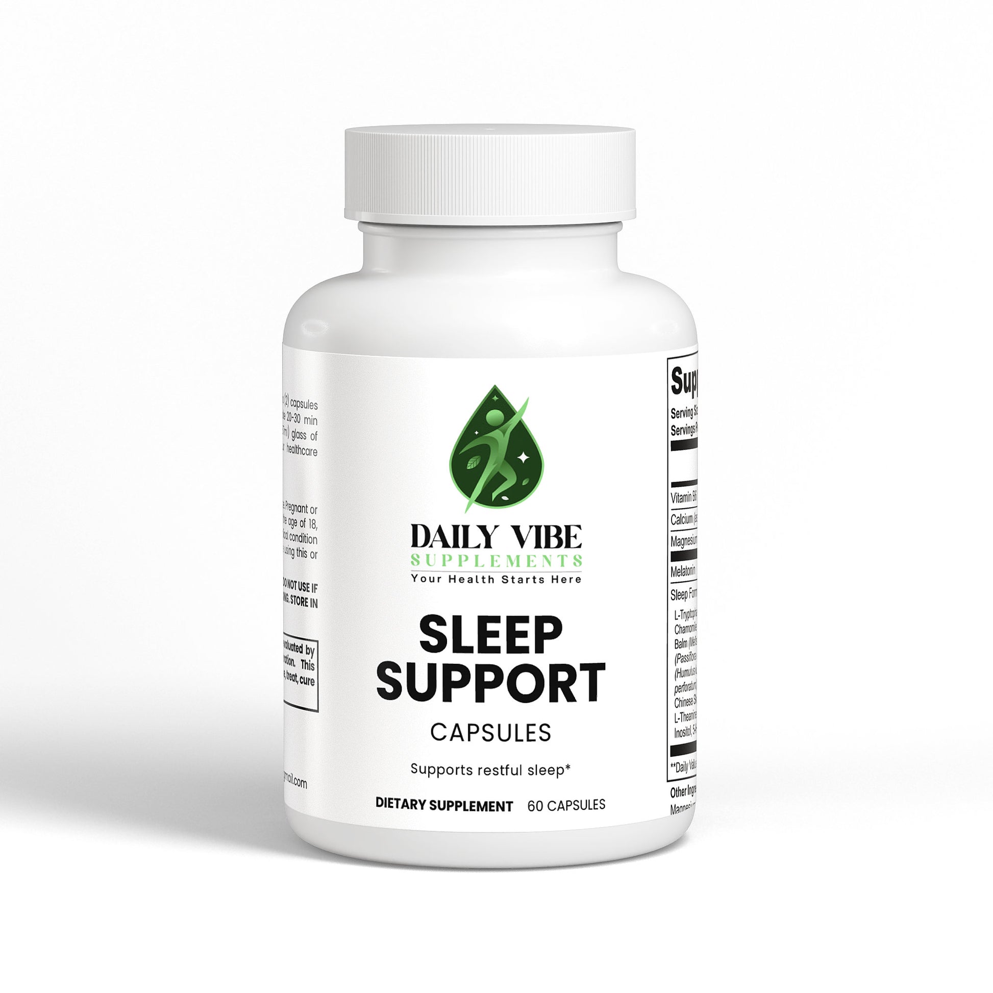 White bottle of Daily Vibe Sleep Support capsules on a white background