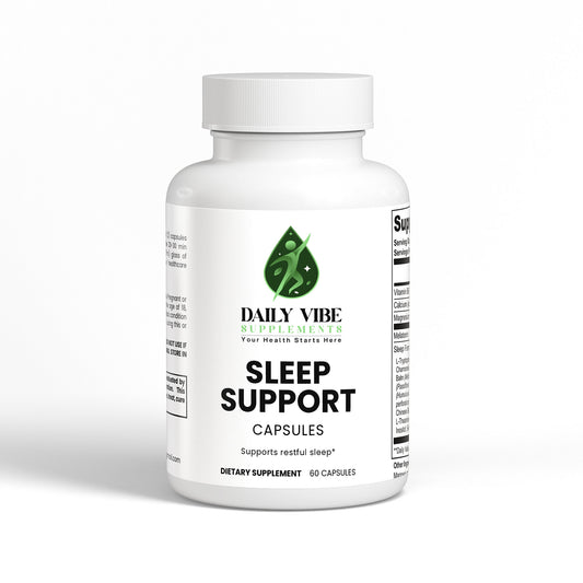 White bottle of Daily Vibe Sleep Support capsules on a white background