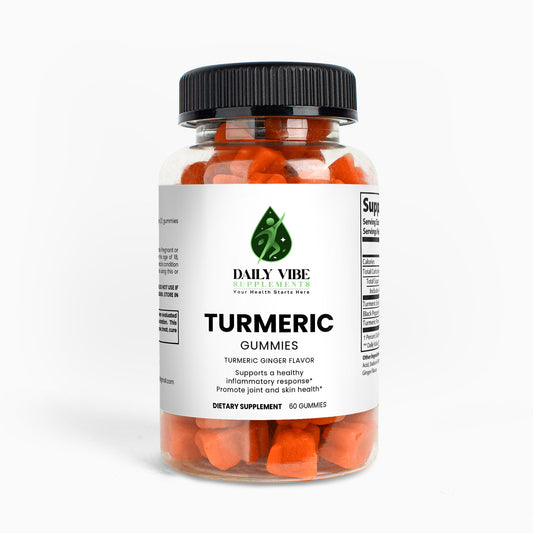 Bottle of Daily Vibe Turmeric Gummies on a white background