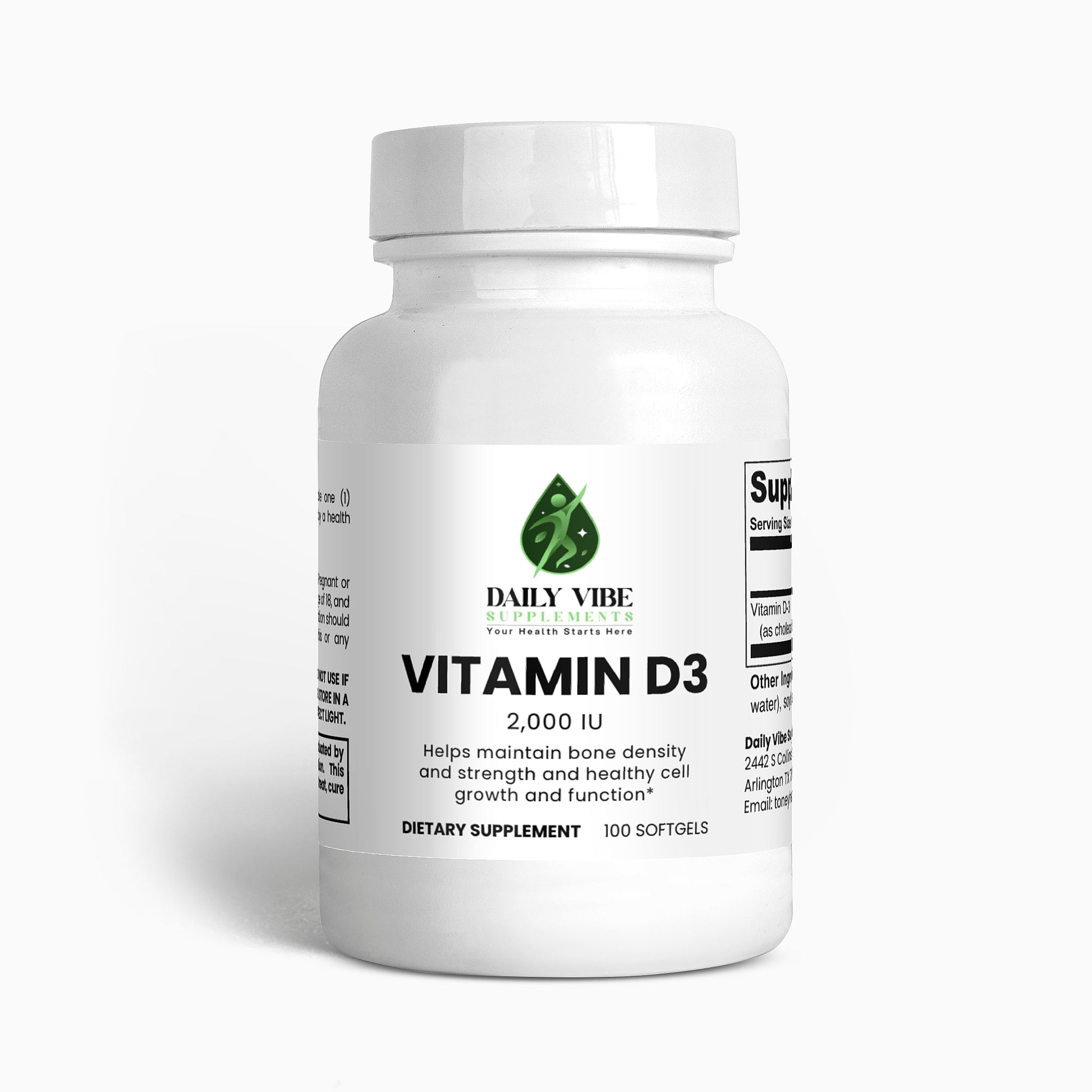 Supplement bottle labeled 'Vitamin D3' by Daily Vibe on a white background