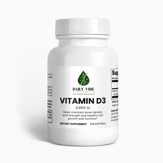 Supplement bottle labeled 'Vitamin D3' by Daily Vibe on a white background