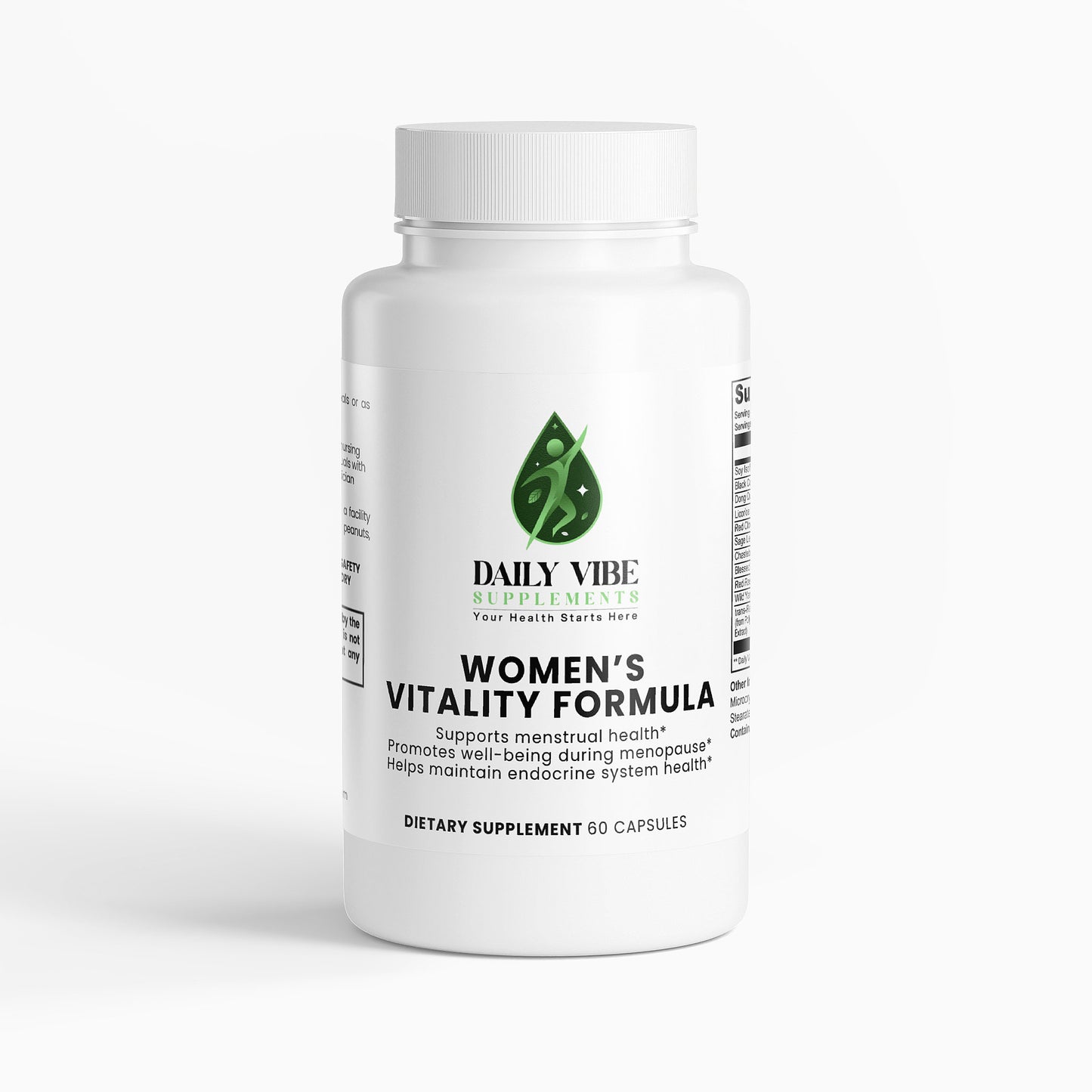 Supplement bottle labeled 'Daily Vibe Women's Vitality Formula' on a white background