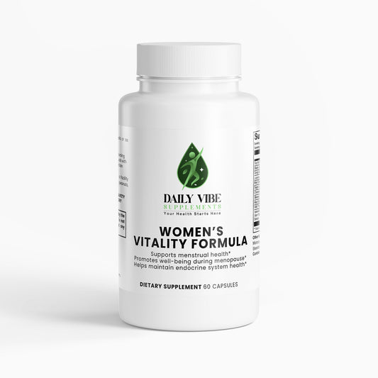 Supplement bottle labeled 'Daily Vibe Women's Vitality Formula' on a white background