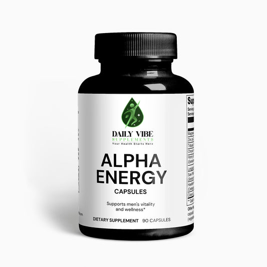 Supplement bottle labeled 'Alpha Energy' by Daily Vibe on a white background