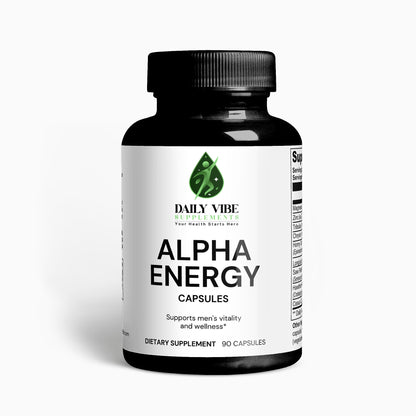 Supplement bottle labeled 'Alpha Energy' by Daily Vibe on a white background