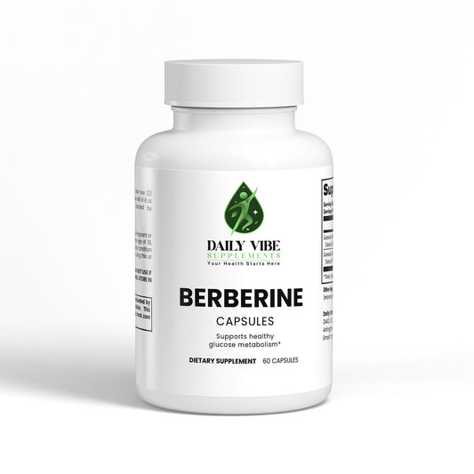 Supplement bottle labeled 'Daily Vibe' with 'Berberine' on a white background