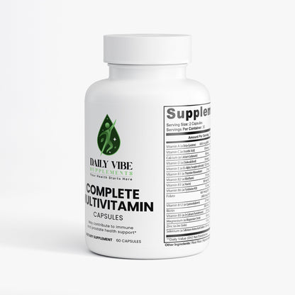 White bottle of Daily Vibe Complete Multivitamin on a white background