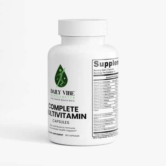 White bottle of Daily Vibe Complete Multivitamin on a white background
