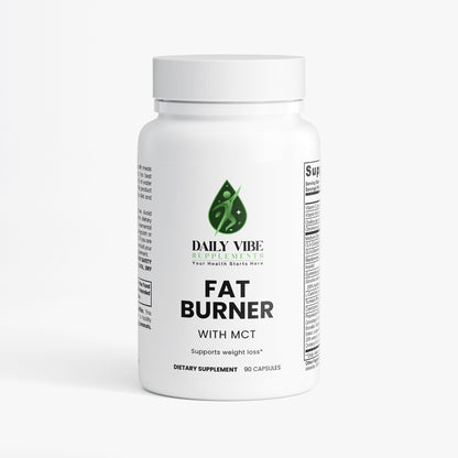 White supplement bottle labeled 'Fat Burner with MCT' by Daily Vibe on a white background