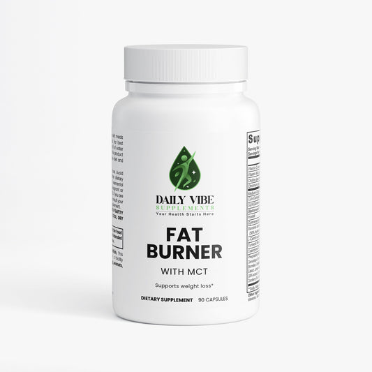 White supplement bottle labeled 'Fat Burner with MCT' by Daily Vibe on a white background