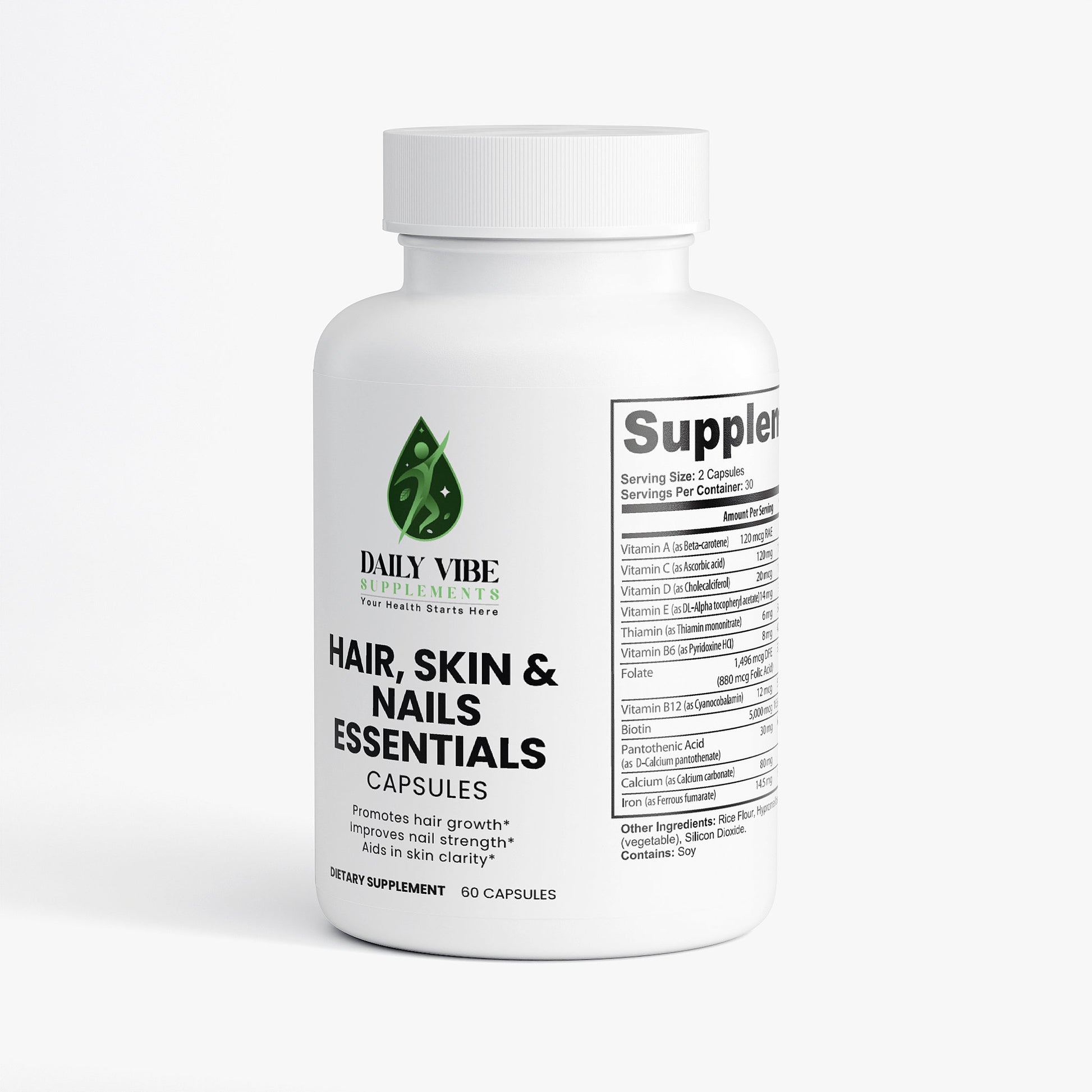 Supplement bottle labeled 'Hair, Skin & Nails Essentials' on a white background