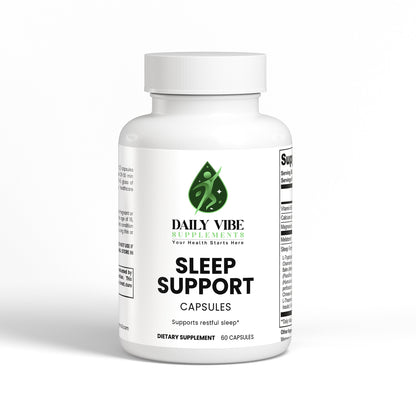 White bottle of Daily Vibe Sleep Support capsules on a white background