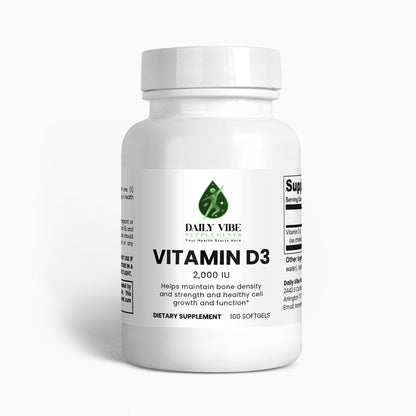 Supplement bottle labeled 'Vitamin D3' by Daily Vibe on a white background